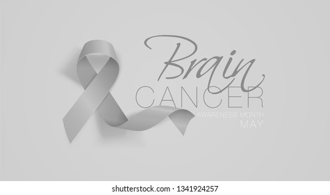 Brain Cancer Awareness Calligraphy Poster Design. Realistic Grey Ribbon. May is Cancer Awareness Month. Vector