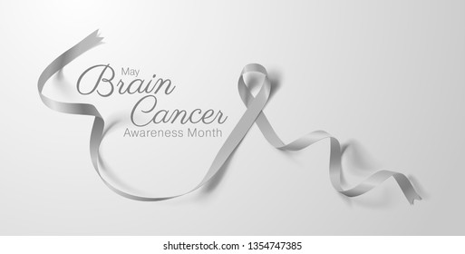 Brain Cancer Awareness Calligraphy Poster Design. Realistic Grey Ribbon. May is Cancer Awareness Month. Vector