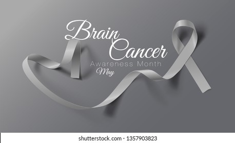 Brain Cancer Awareness Calligraphy Poster Design. Realistic Grey Ribbon. May is Cancer Awareness Month. Vector