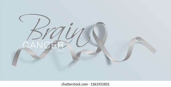 Brain Cancer Awareness Calligraphy Poster Design. Realistic Grey Ribbon. May is Cancer Awareness Month. Vector