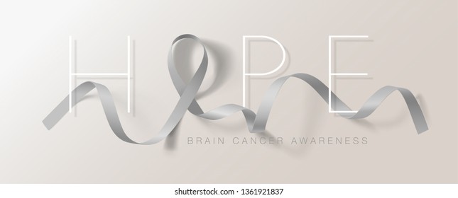 Brain Cancer Awareness Calligraphy Poster Design. Hope Realistic Grey Ribbon. May Is Cancer Awareness Month. Vector