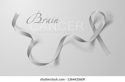 Brain Cancer Awareness Calligraphy Poster Design. Realistic Grey Ribbon. May is Cancer Awareness Month. Vector