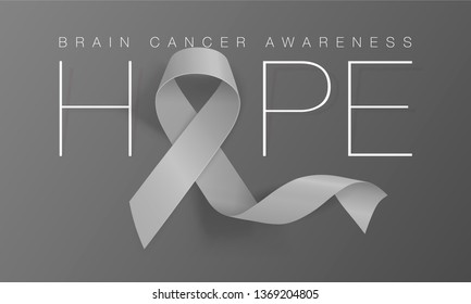 Brain Cancer Awareness Calligraphy Poster Design. Hope Realistic Grey Ribbon. May is Cancer Awareness Month. Vector