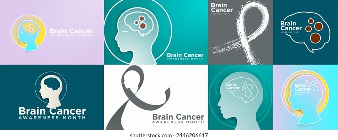 Brain Cancer Awareness Month Greeting Cards and Banner Set. Horizontal and card. Brain cancer awareness posters and banner. Celebrated on May. Brain Cancer symbol. Vector Illustration.