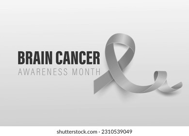 Brain Cancer Banner, Card, Placard with Vector 3d Realistic Grey Ribbon on Grey Background. Brain Cancer Awareness Month Symbol Closeup, May. World Brain Cancer Day Concept