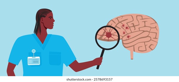 Brain cancer concept as oncology, flat vector stock illustration with doctor and malignant tumor or brain cancer