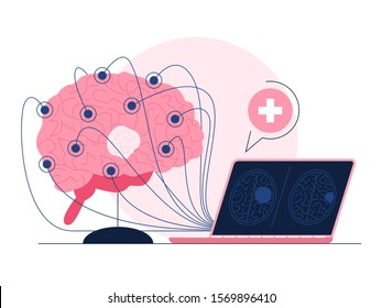 Brain cancer examination with MRI and EEG. Idea of health and medical treatment. Brain tumor. Isolated flat vector illustration