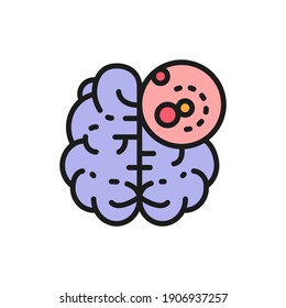 Brain cancer, malignant tumor, oncology flat color line icon.