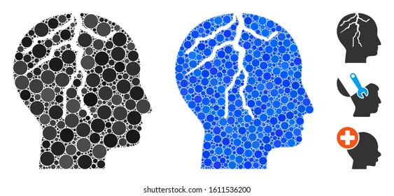 Brain cancer mosaic of small circles in different sizes and color tints, based on brain cancer icon. Vector small circles are grouped into blue mosaic.