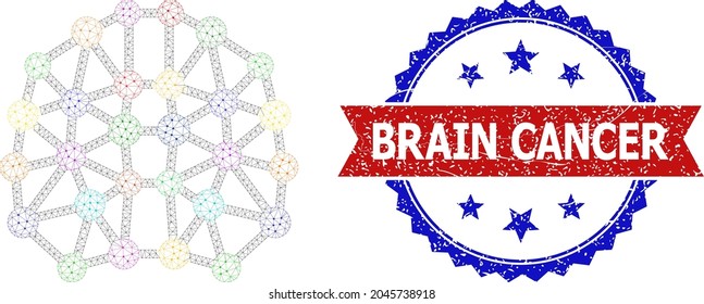 Brain Cancer unclean seal imitation, and artificial brain icon mesh structure. Red and blue bicolored stamp seal contains Brain Cancer caption inside ribbon and rosette.