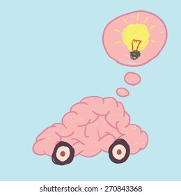 Brain car free hand drawing vector show thinking move to idea.