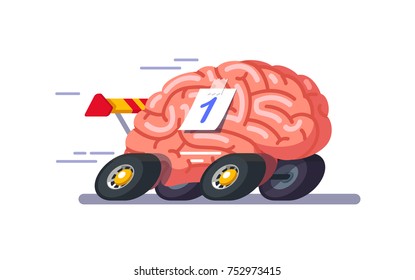 Brain as a car. Quickly thinks, always the first. Great intelligence. Modern flat style thin line vector illustration isolated on white background.