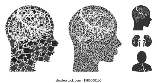 Brain carcinoma icon mosaic of ragged pieces in different sizes and shades, based on brain carcinoma icon. Vector rough pieces are united into mosaic.