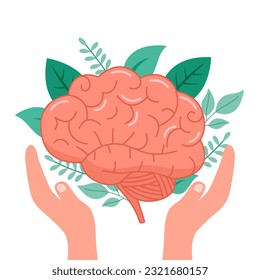 Brain care concept vector illustration. Brain in hands and green leaves in flat design on white background.