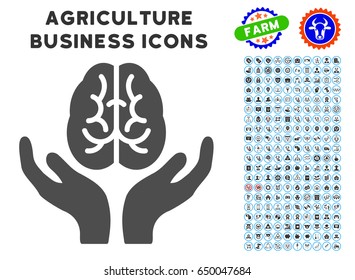 Brain Care Hands gray icon with agriculture business glyph collection. Vector illustration style is a flat iconic symbol. Agriculture icons are rounded with blue circles.
