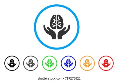 Brain Care Hands rounded icon. Style is a flat brain care hands grey symbol inside light blue circle with black, gray, green, blue, red, orange color versions.