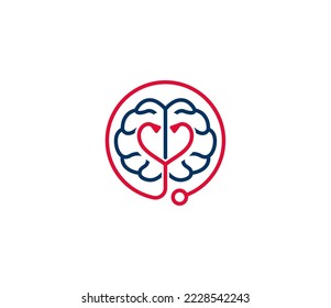 Logo del cuidado del cerebro. Este diseño usa estetoscopio y símbolo de la mente. Adecuado para la medicina. Plantilla de diseño del logotipo del vector