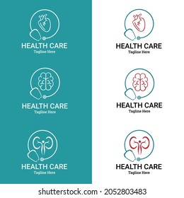 Brain Care Logo, kidney vector, Heart icon with stethoscope. Health Medical Logo template vector illustration design