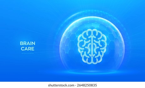 Brain care and protection. Psychology and Neurology. Physician teaching about alzheimer, dementia disease. Human brain icon inside protection sphere shield with hexagon pattern. Vector illustration.