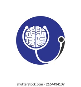 Brain care vector logo template. Stethoscope and human brain icon logo design.