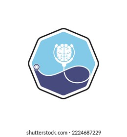 Brain care vector logo template. Stethoscope and human brain icon logo design.	