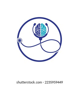 Brain care vector logo template. Stethoscope and human brain icon logo design.	