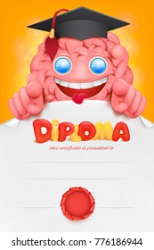 Brain cartoon character diploma cert template Vector illustration