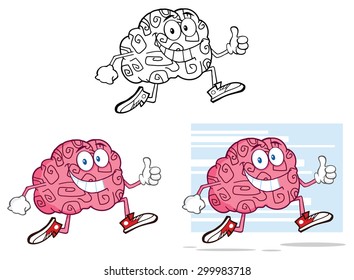 Brain Cartoon Character Jogging And Giving A Thumb Up. Vector Collection Set Isolated On White
