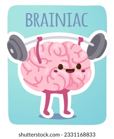 Brain cartoon character lifting weight training. Animated smart healthy human brain sticker. Brainiac genius, intellect, education, mind, knowledge, intelligence concept flat vector illustration