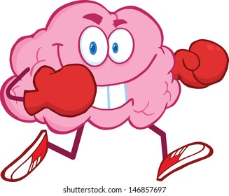 Brain Cartoon Character Running With Boxing Gloves. Vector Illustration