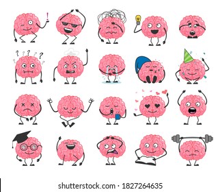 Brain cartoon character set with happy face smile. Cute hero brain emoji isolated on white background. Brainpower avatar with different emotion and face expression vector illustration