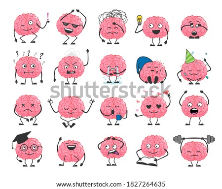 Brain cartoon character set with happy face smile. Cute hero brain emoji isolated on white background. Brainpower avatar with different emotion and face expression vector illustration