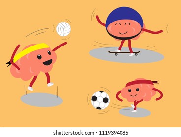 brain cartoon character vector illustration image showing different actions on sport activities (conceptual image about how brain is functioning on people who is playing sports)