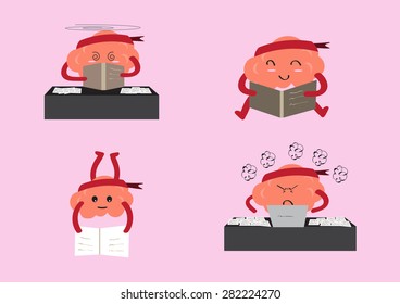 brain cartoon character vector illustration image showing different learning manners and emotion faces