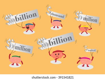 brain cartoon character vector illustration pulling money on sky (conceptual image about each person who can gain different income)