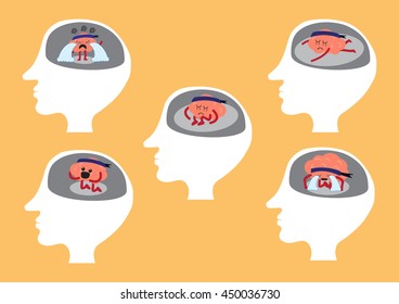 brain cartoon character vector illustration showing different depressing manners inside human head (conceptual image about brain reacting when you are depressed)