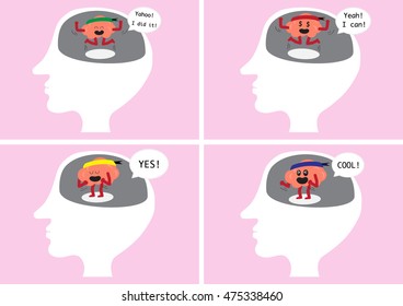 brain cartoon character vector illustration image showing how brain feel when happy and delighted inside human head  (conceptual image about how brain reacting when you are glad and exciting)
