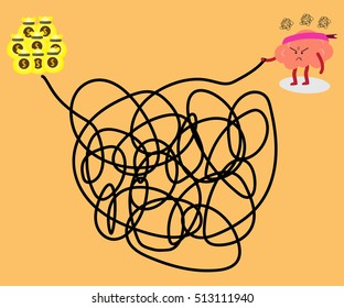 brain cartoon character vector illustration solving a  tangled line to get big money (conceptual image about a person try to solve a solution to succeed  with stress and frustrated)