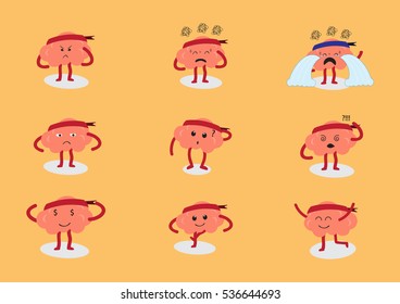 brain cartoon character vector illustration showing set of emotion manners