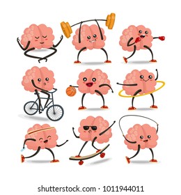 Brain Cartoon Character Vector Set. Healthy And Fitness. Brain Activities. Sport Icons Set. Vector Illustration, Eps 10 Vector