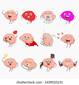 Brain cartoon characters making sport exercises and different activities design vector