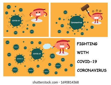 brain cartoon characters vector illustration image showing brain cartoons actions and emotion faces fighting with CORANAVIRUS and COVID-19