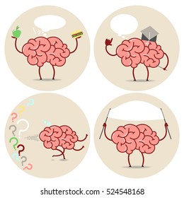 Brain Cartoon different actions. Choice, scientist, running, banner. Vector isolated set of images