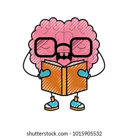 brain cartoon with glasses and book and concentrated expression in colored crayon silhouette