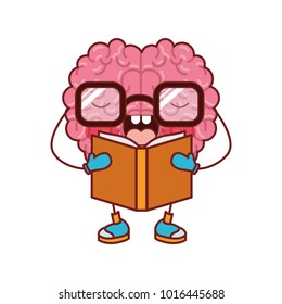 brain cartoon with glasses and book and concentrated expression in colorful silhouette with brown contour