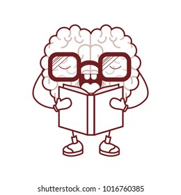 brain cartoon with glasses and book and concentrated expression in dark red contour