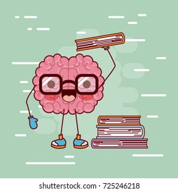 brain cartoon with glasses and books in background light green vector illustration