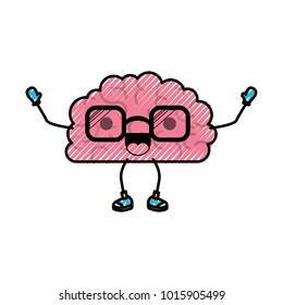 brain cartoon with glasses and cheerful expression in colored crayon silhouette