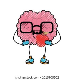 brain cartoon with glasses and eating apple in colored crayon silhouette