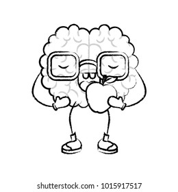 brain cartoon with glasses and eating apple in black blurred contour